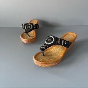 Refresh Juno Beaded Thong Cork Wedge Slip On Platform Sandal 8 Black Boho